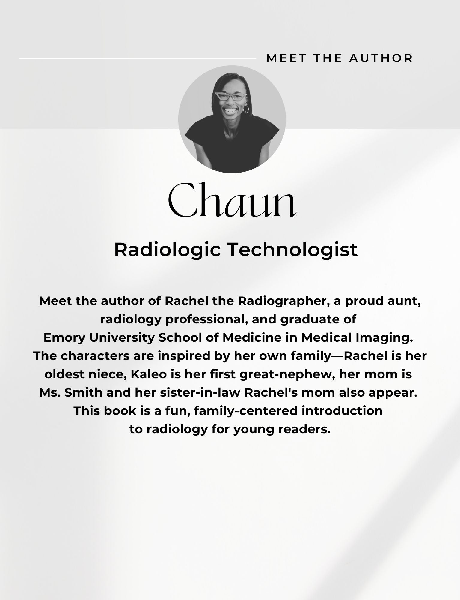 Profile of a radiologic technologist with text about the author and their book 'Rachel the Radiographer'.