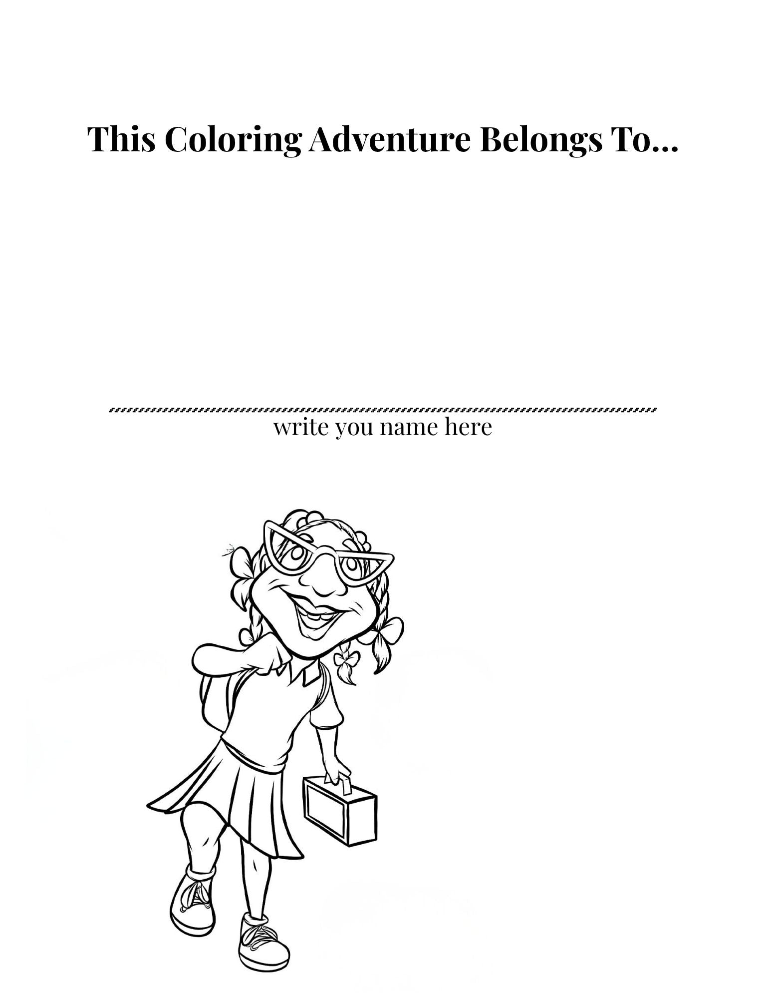 Blank coloring book page with a superhero girl illustration and space for a name.