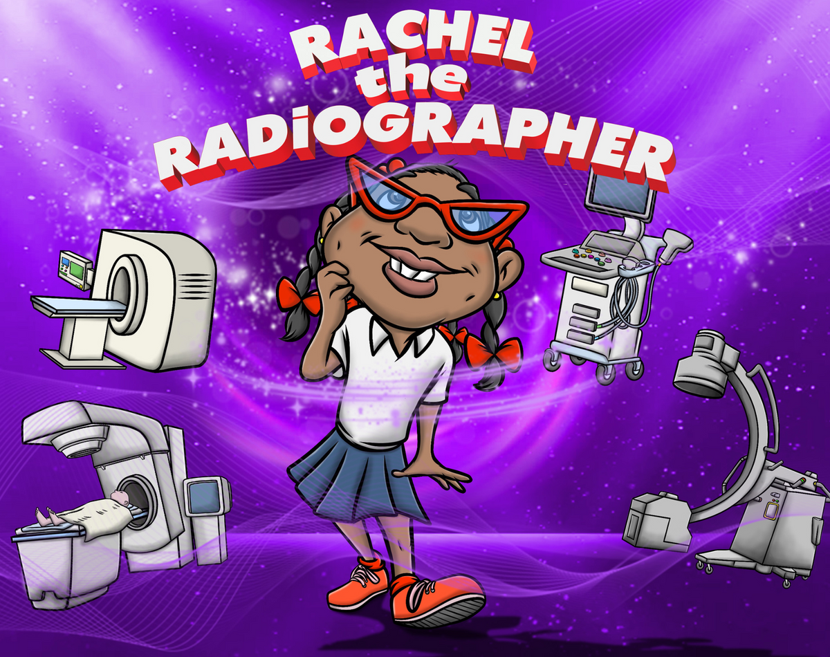 Illustration of a cartoon girl character named Rachel with a stethoscope, standing in front of various medical imaging equipment.
